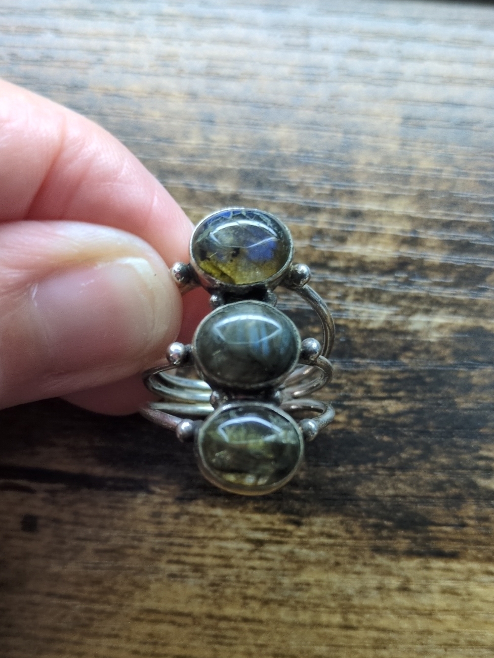 Triple Stone Labradorite Silver Ring - Green/Gray Accent